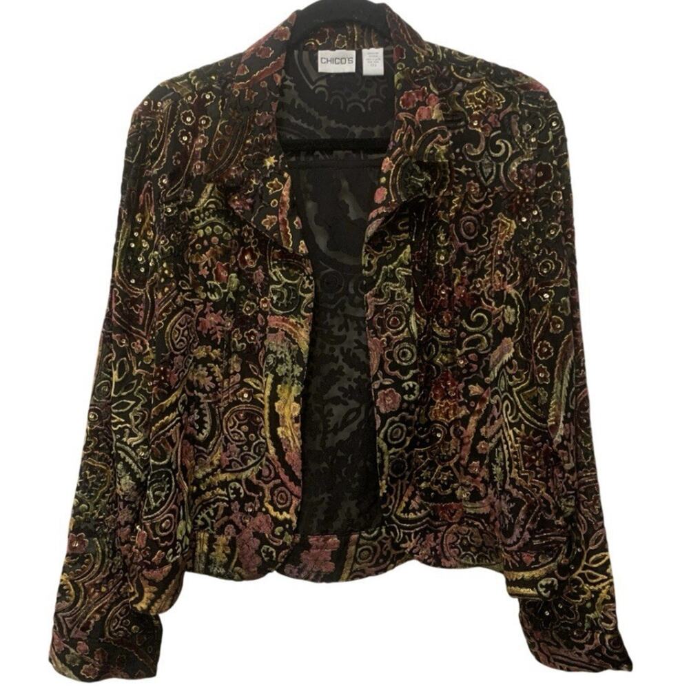 CHICOS Arosa Runway Velvet Burnout Jacket Paisley Boho Women's Size 2 (Large)